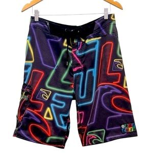 Rip Curl Shorts Surfing Swimming Black with Neon Pattern Side Zip Pocket